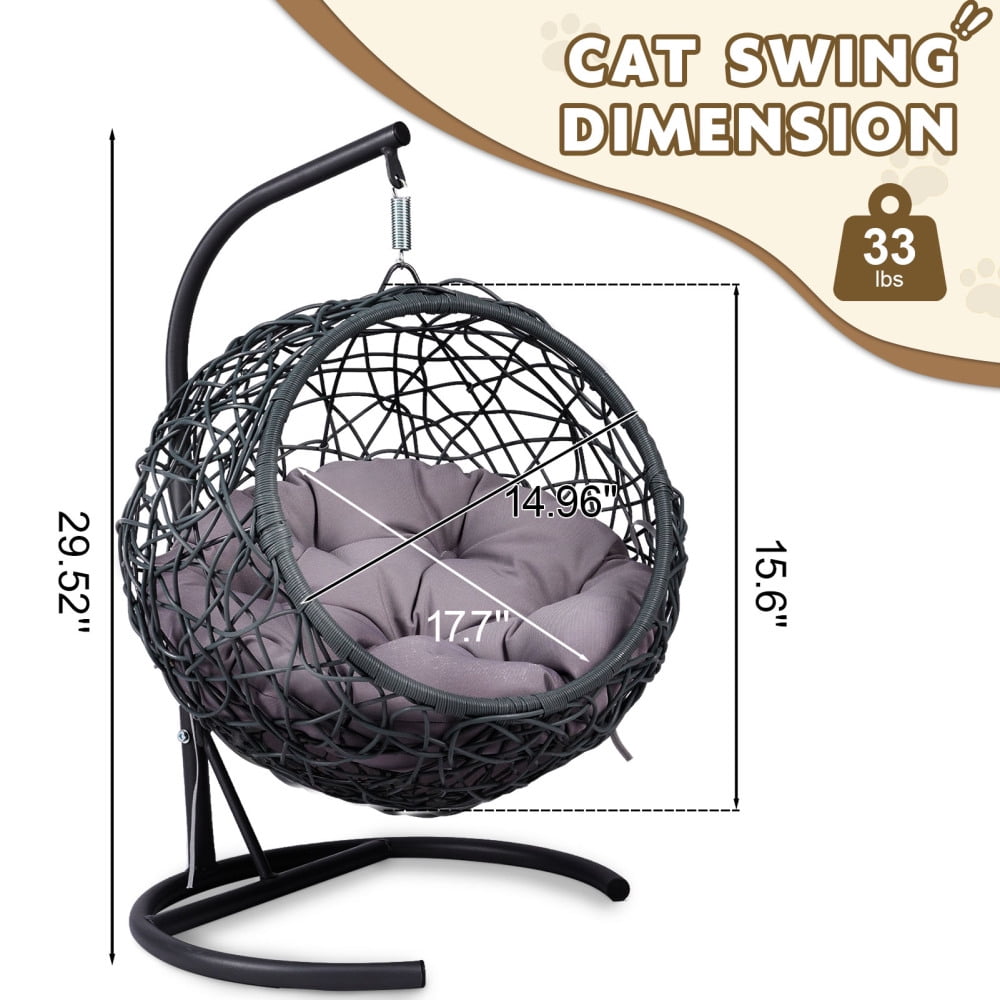 Gray Cat Swing Bed with Stand & Cushion, Rattan Wicker Egg Chair, Indoor Outdoor Hanging Hammock Bed for Cats Dogs Small Animals Bedroom Porch