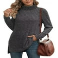 thumbnail image 1 of Ribbed Turtleneck Top for Women - Long Sleeve Basic Shirt with Side Slit, 1 of 5