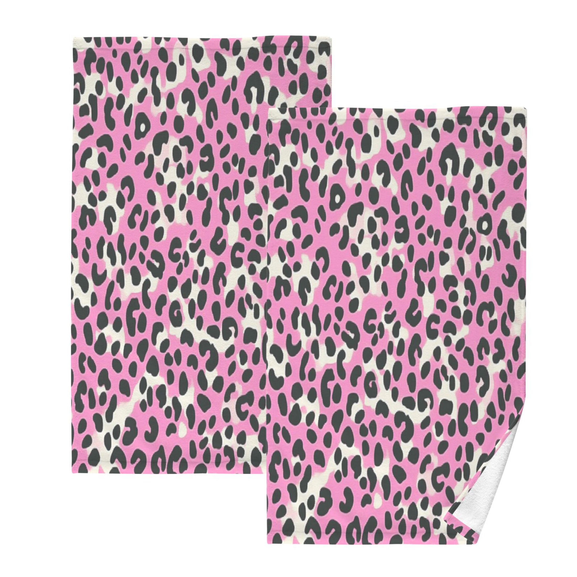 2 Pcs Absorbent Face Towel Bath Hand Towels Soft Breathable Cotton Towel Set for Bathroom Kitchen Hotel Spa Decor Pink and Black Leopard