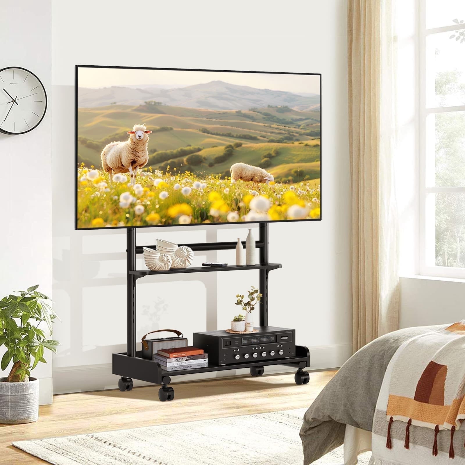 TAVR Furniture Mobile Rolling TV Stand with Wooden Storage Shelf for 40-86 inch TVs, Height Adjustable