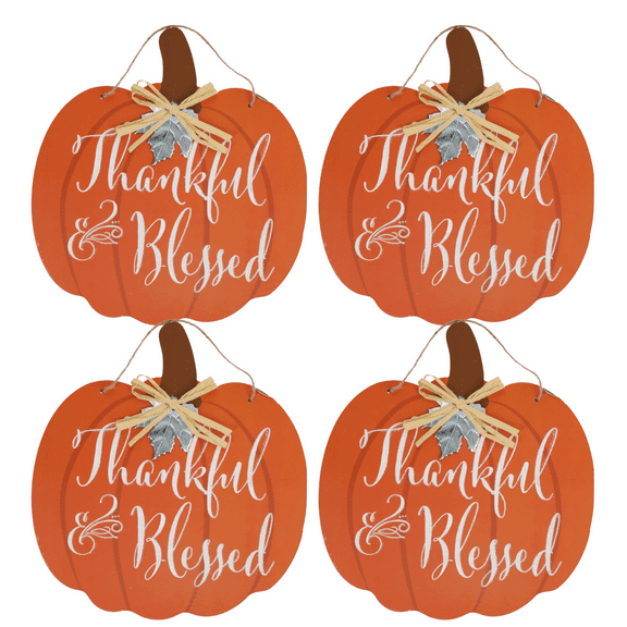 (4)Autumn Wooden Decorative Pumpkin with Raffia Thankful Blessed Hanging Decor for Home Door Wall Indoor & Outdoor Halloween Fall Thanksgiving Harvest Decoration 12x12in. &CUSTOM Storage Carrier