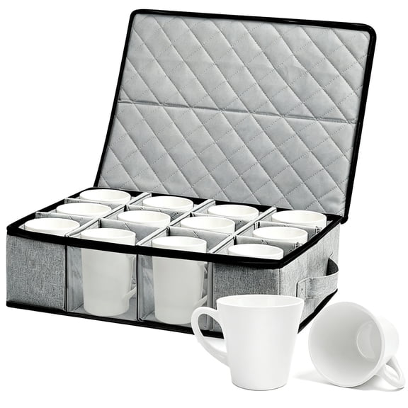 Godery Cup and Mug Storage Box, Holds 12 Coffee Mug Rack ,Tea Cups, China Coffee Mug,Glasses Stackable Organizers Container with Dividers & Handles