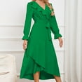 thumbnail image 3 of ylioge Fall Wedding Guest Dresses, Womens Elegant Slim Fit Long Lantern Sleeve V Neck High Waist Swing Side Slit Hem with Bow Belt Solid Color Maxi Formal Gowns and Evening Dress Fall, 3 of 7