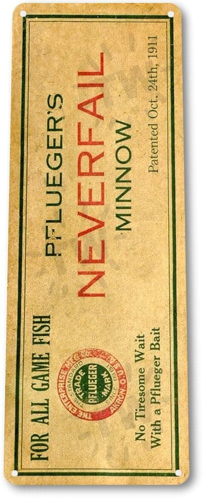 TIN SIGN B678 Neverfail Minnow Lures Fishing Bait Retro Box Rustic Fish Decor