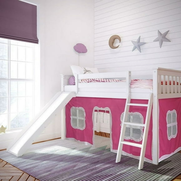 Max & Lily Twin Loft Bed, Wooden Low loft Bunk beds for Kids with Slide and Pink Curtain, White