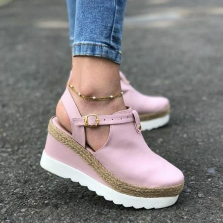 

Womens Sandals Vintage Wedge Buckle Strap Straw Thick Bottom Flats Female Shoes