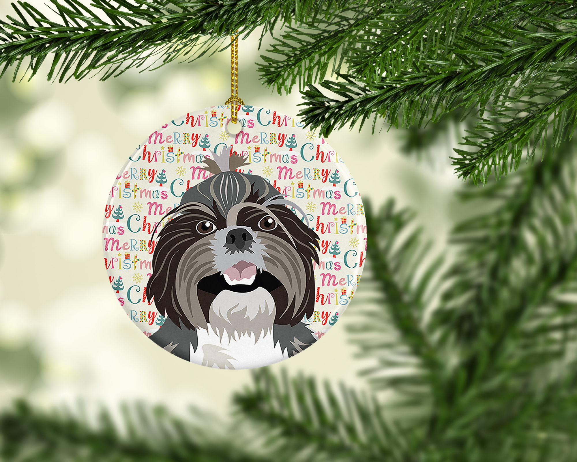Shih-Tzu Silver and White #2 Christmas Ceramic Ornament 2.8 in x 2.8 in