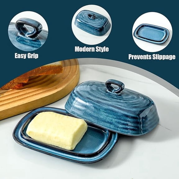Tikooere Blue Ceramic Butter Dish with Lid, 7.5 Inch Porcelain Butter Keeper with Handle for Countertop & Fridge