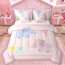 Feelyou Cute Elephant Animal Bedding Comforter Set 7 Pieces, Cartoon Tulip Floral Full Bedding Set, Teens Kids Boys Girls Reversible Fitted Sheet Flat Sheet, Super Cozy Room Decor