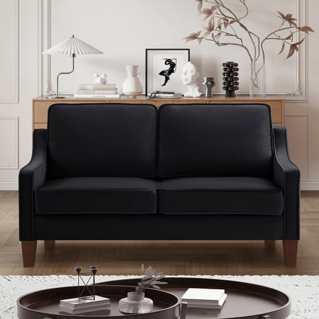 Black Velvet Loveseat Sofa, Small Couch for Living Room, 2 Seater Sofa with Wooden Legs