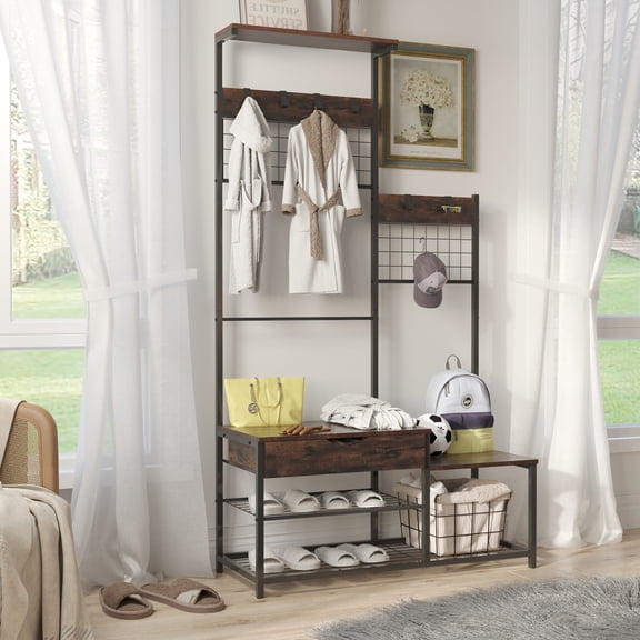 4-in-1 Hall Tree with Storage Drawer, Industrial Entryway Bench Coat Rack with Shoe Rack and Removable Hooks, Multifunctional Hall Tree with Metal Frame for Bedroom Entryway