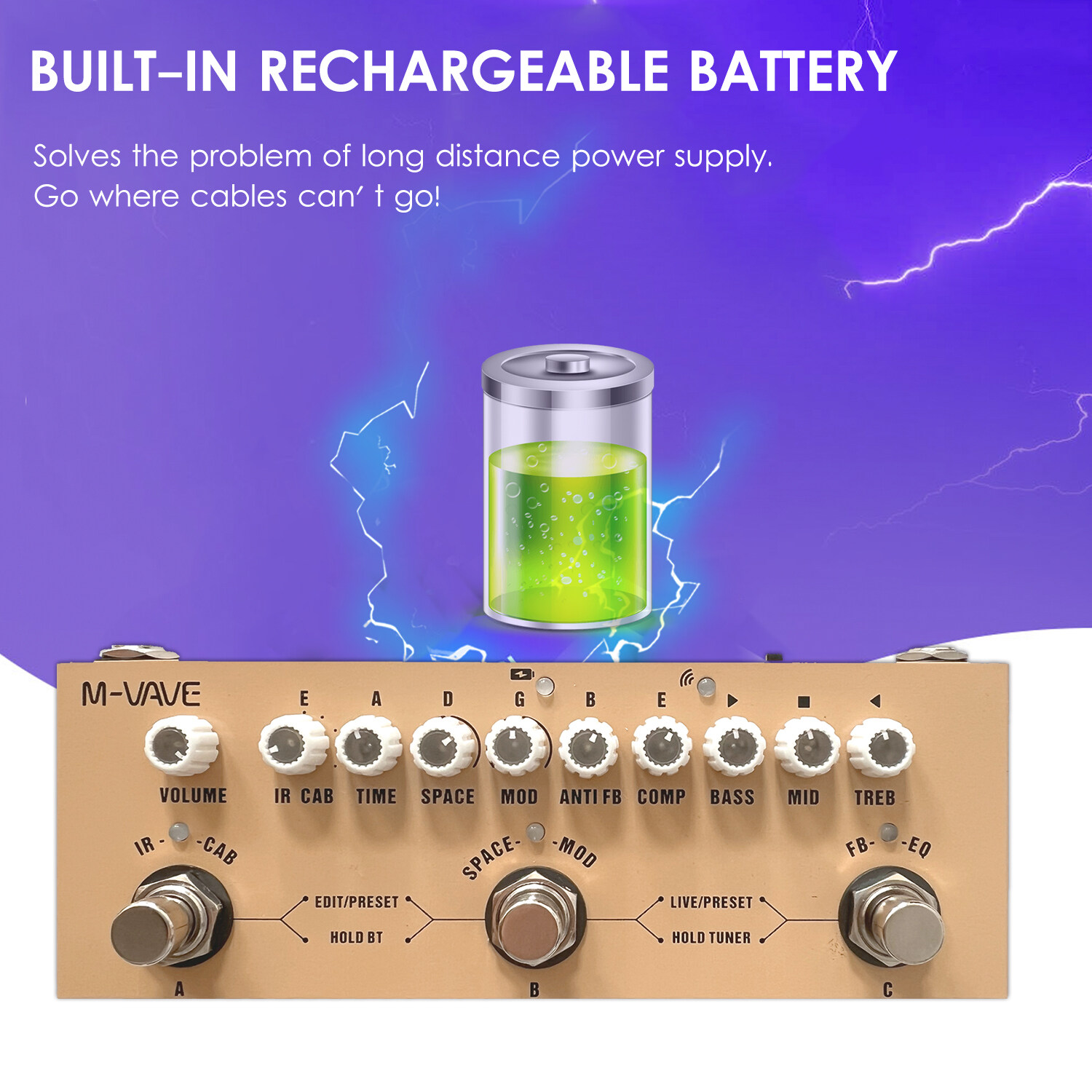 M-VAVE Portable Acoustic Guitar Effect Pedal CUBE AC Multifunctional with Wireless Playback Phone Recording Type-C Audio Interface