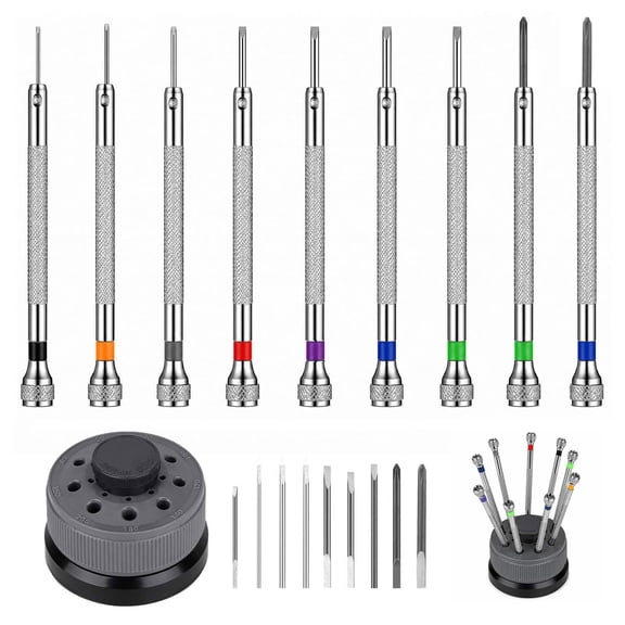9pcs Precision Jewelers Screwdriver Set, 0.6-2.0mm Professional Watch Screwdriver Set with Revolving Base & Spare Blades, for Eyeglasses, Jewelry Work, Electronics Repair
