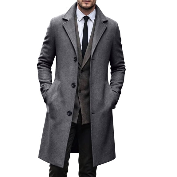 EANJE Men's Notched Lapel Long Overcoat, Single Breasted Button Front Casual Business Wool Blend Style Trench Coat with Side Pockets Dark Gray M