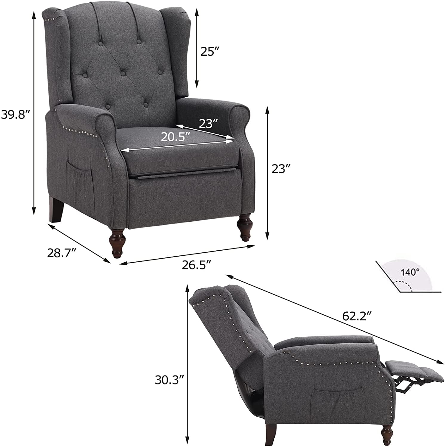 LVUYOYO Fabric Wingback Recliner Push Back Chair with Heat and Massage, Gray