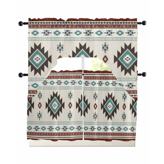 Boho Southwest Kitchen Curtains Sets 36 Inch Length with Valance, Bohemian Country Geometric Motifs Swag Valances and Tiers Curtain Set Drapes Swag Curtains for Living Room, Bathroom, Bedroom, Cafe