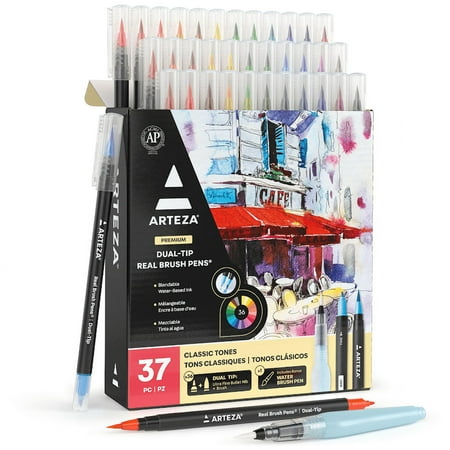 Arteza Dual-Tip Real Brush Pens Set, Assorted Colors - 36 Pack