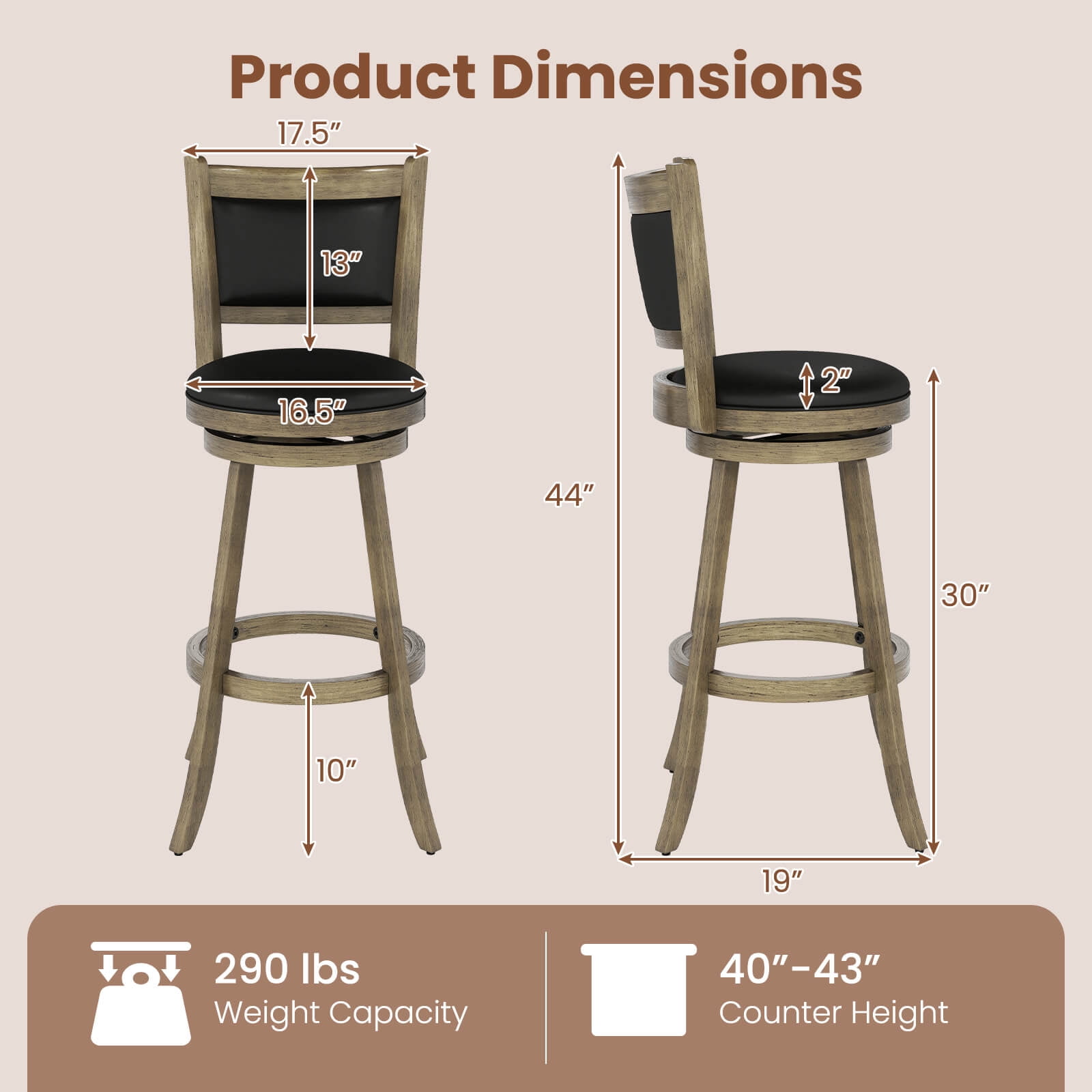 Costway Swivel Bar Stools with Solid Rubber Wood Frame Set of 4 for Kitchen Island Gray and Black