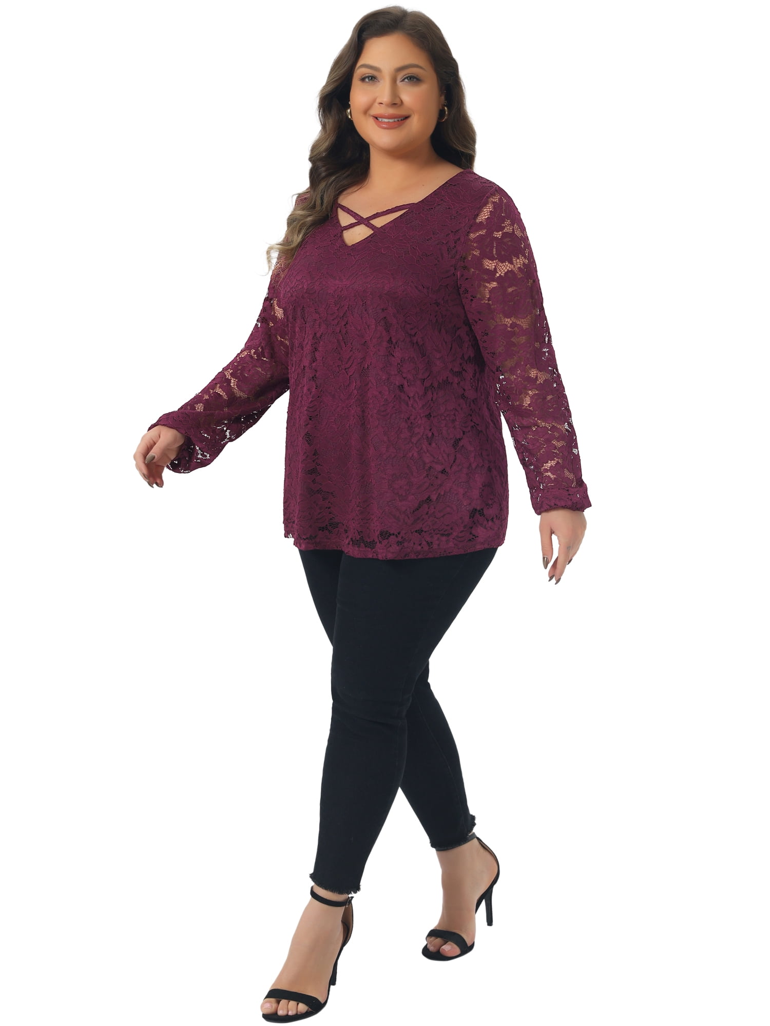 DARING DIVA Women's Plus Lace Blouse Cross V Neck Sheer Double Layers Shirt Tops 2X Red