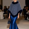 thumbnail image 4 of Puyaiuu Women Tweed Faux Fur Trim Cape Poncho Winter Warm Outerwear Shawl Navy Free Size Gift, 4 of 7