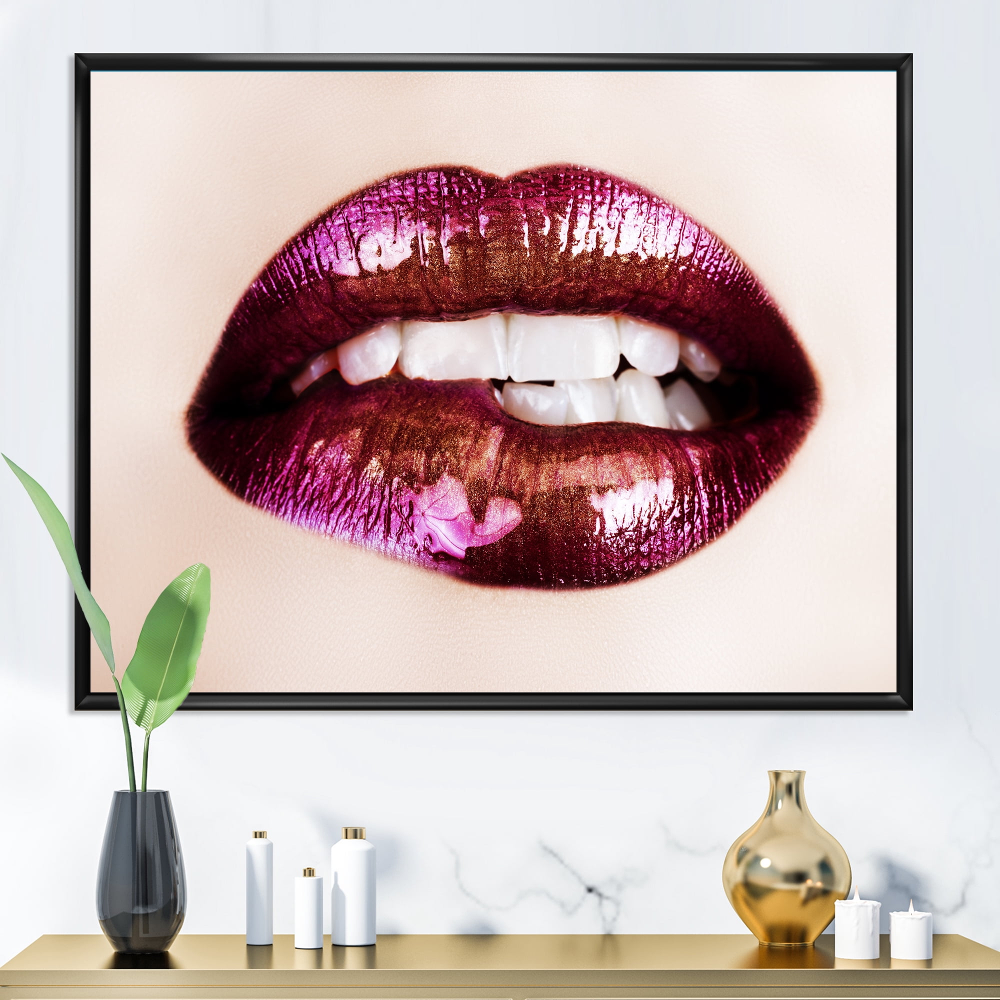 Close-Up Of Purple Female Lips 32" x 16" Framed Photography Canvas Art Print, by Designart