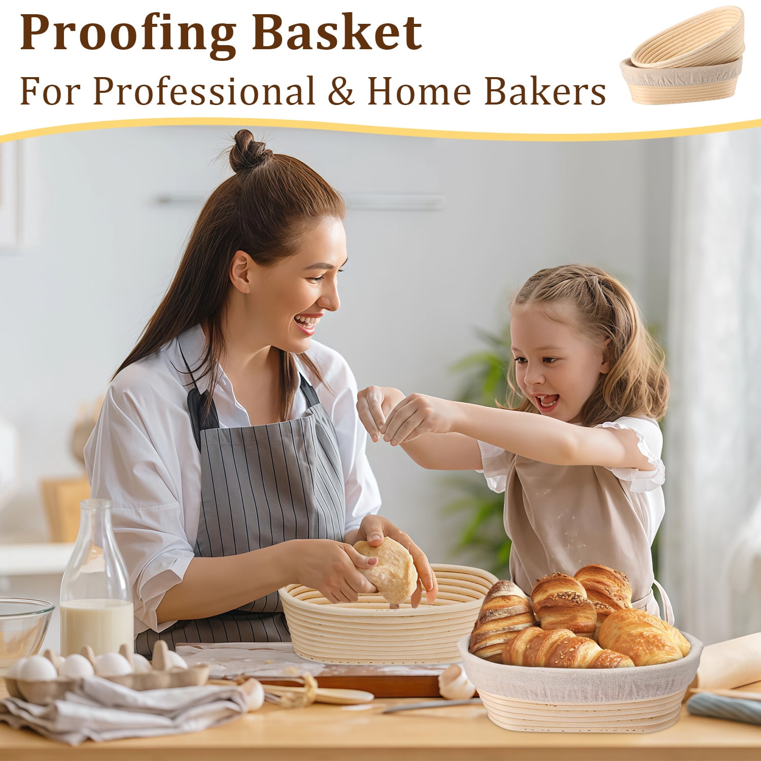 Vesteel Bread Proofing Basket Set of 2, 10 inch Oval Banneton Bread Baking Baskets with Liner, Baking Supplies Tools Included for Fermenting Baking Dough