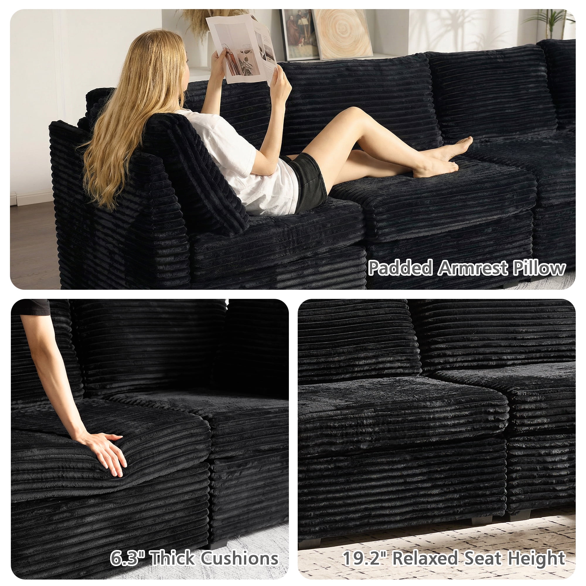 Ovios 95" Modular Sectional Sofa Deep Seat Cloud Couch with Chaise L-Shaped Corduroy Couch for Living Room, 5 Seat, Black