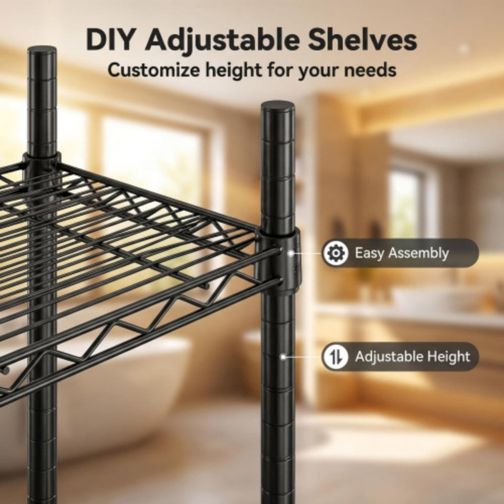 Over Washer and Dryer Storage Rack, 4-Tier Laundry Room Organizer with 3 Wire Shelves, Hanging Rod, Metal Basket & Rotating Hooks, Adjustable Heavy Duty Shelving, Black