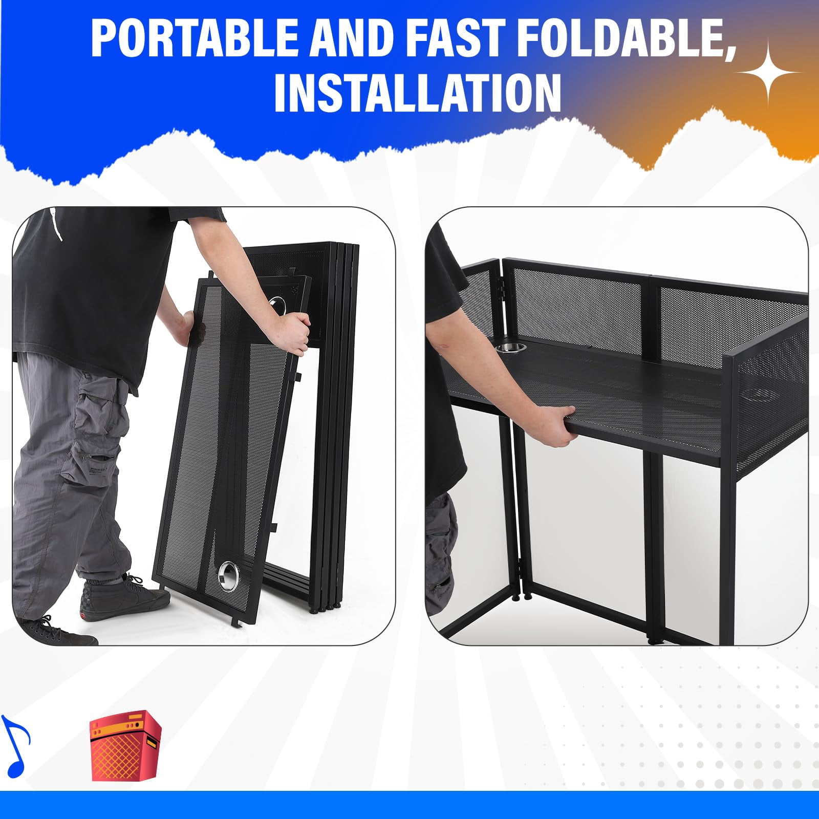 Ladcaser Portable DJ Facade Booth, 50 in L x 48 in H x 25 in W DJ Table Stand Booth with White & Black Scrim, Foldable DJ Table Station with Adjustable Feet for Party, Black Metal Frame