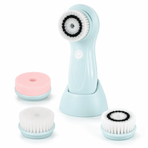 Facial Cleansing Brush Electric,Face Cleansing Brush with Stand,3 Brush Heads,2 Speeds,IPX5 Waterproof,Battery-Powered,Suitable for All Skin Types,blue