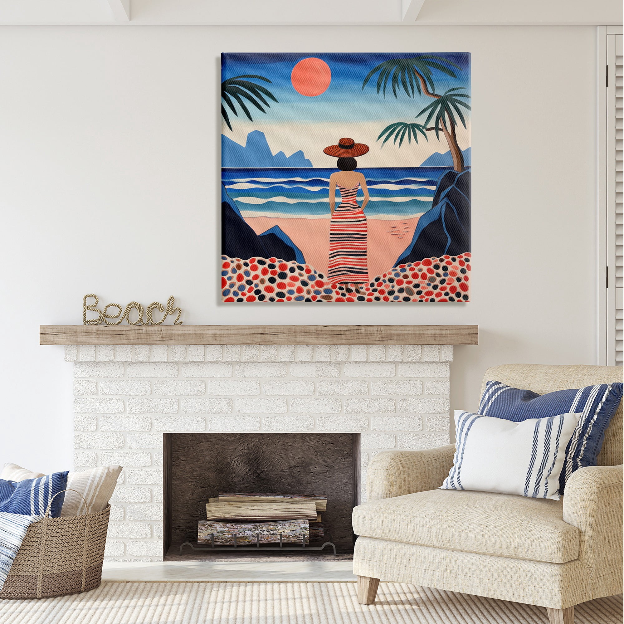 Stupell Industries Patterned Woman on Beach Landscape Painting Gallery Wrapped Canvas Art Print Wall Art, 36 x 36