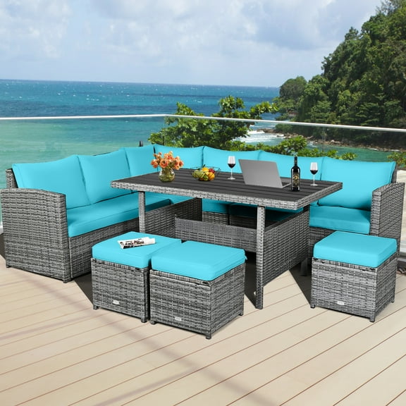 Gymax 7PCS Rattan Patio Sectional Sofa Set Conversation Set w/ Turquoise Cushions