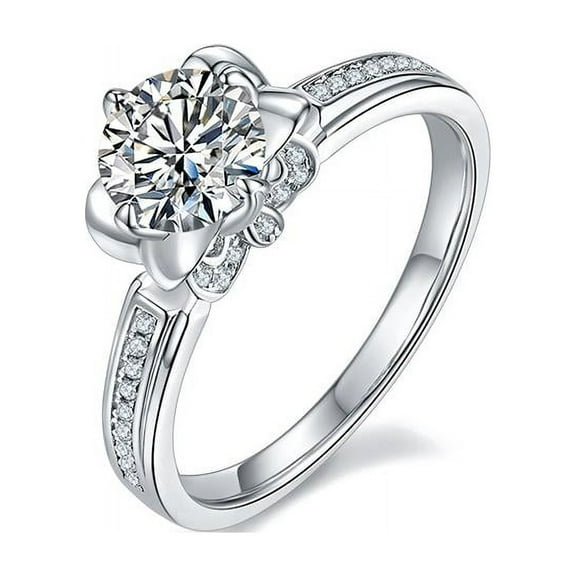 1 Carat Diamond Pave Halo Moissanite Engagement Diamond Ring In 18K White Gold Plating over Silver