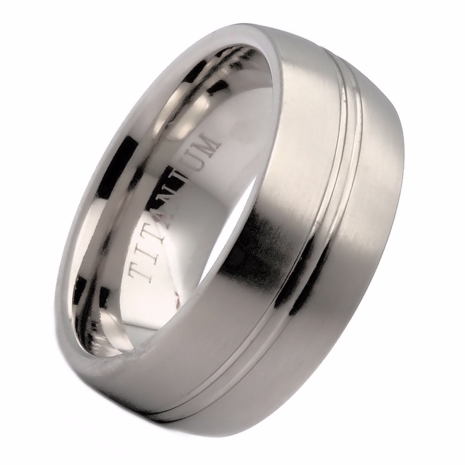 8mm Titanium Wedding Ring Band Polished Diagonal Grooves Brushed Center 
