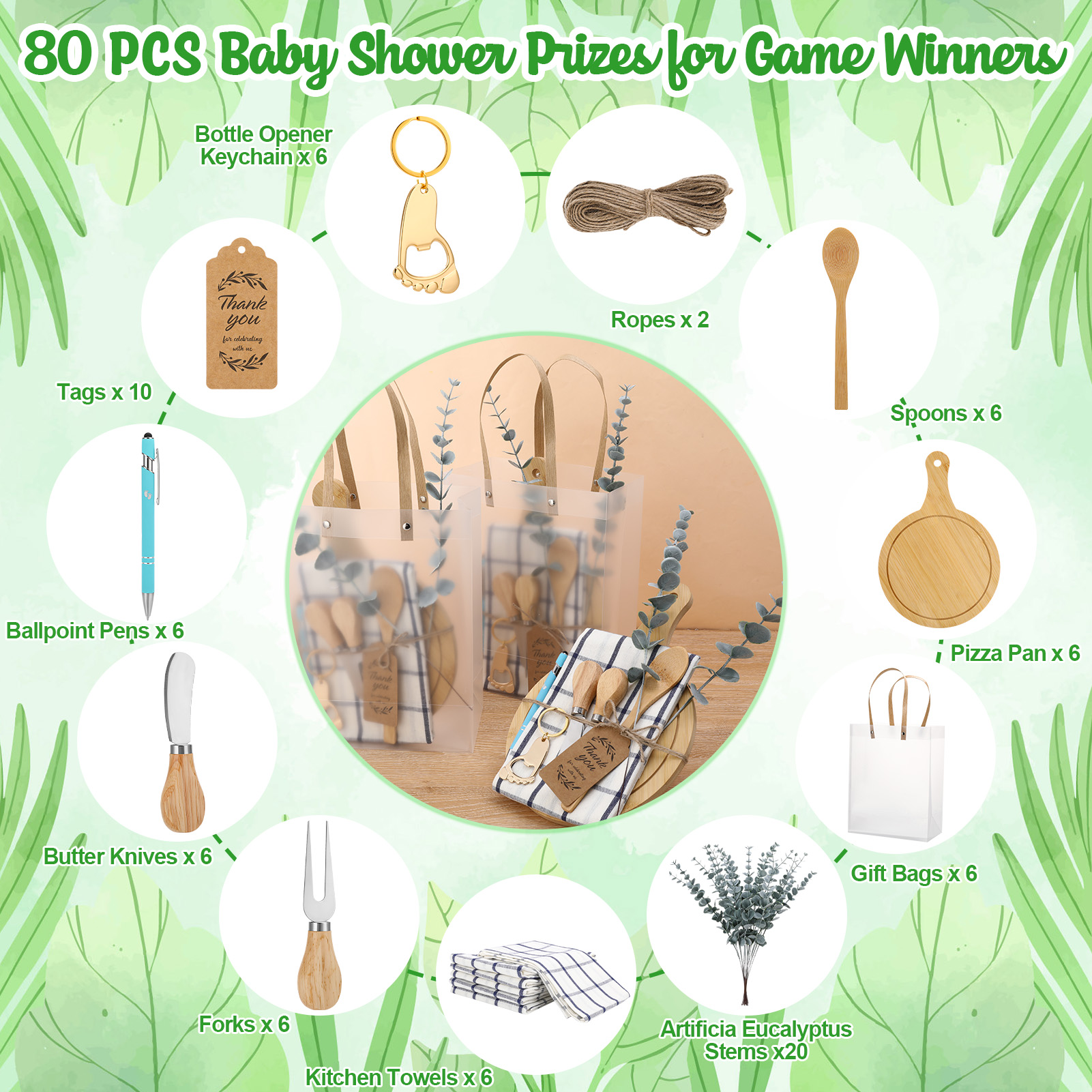sixwipe 80 PCS Baby Shower Prizes for Game Winners, 6 Set Gift Bags with Cheese Boards,Spoons,Plaid Towels,Eucalyptus Stems,Thank You Cards,Perfect for Bridal Shower,Wedding