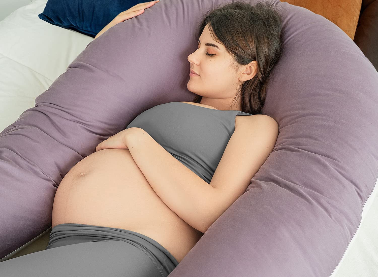 Extra Long U Shaped Body Pillow  65in Pillows For Sleeping Full Support Adults And Maternity Women Sateen Cover Purple White