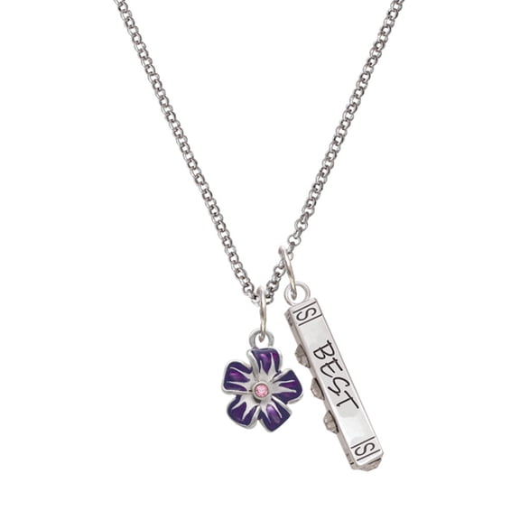 Delight Jewelry Silvertone Purple and White African Violet Flower Silvertone Best Friends Forever Bar Charm Necklace, 23"