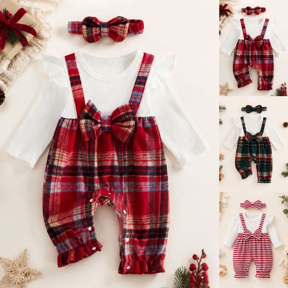 Pandaie Infant Baby Girls Plaid Suspender Romper Set Ruffle Long Sleeve Ribbed Bodysuit Bow Headband Holiday Photo Shoot Daily Casual Outfits Green,6-12 Months