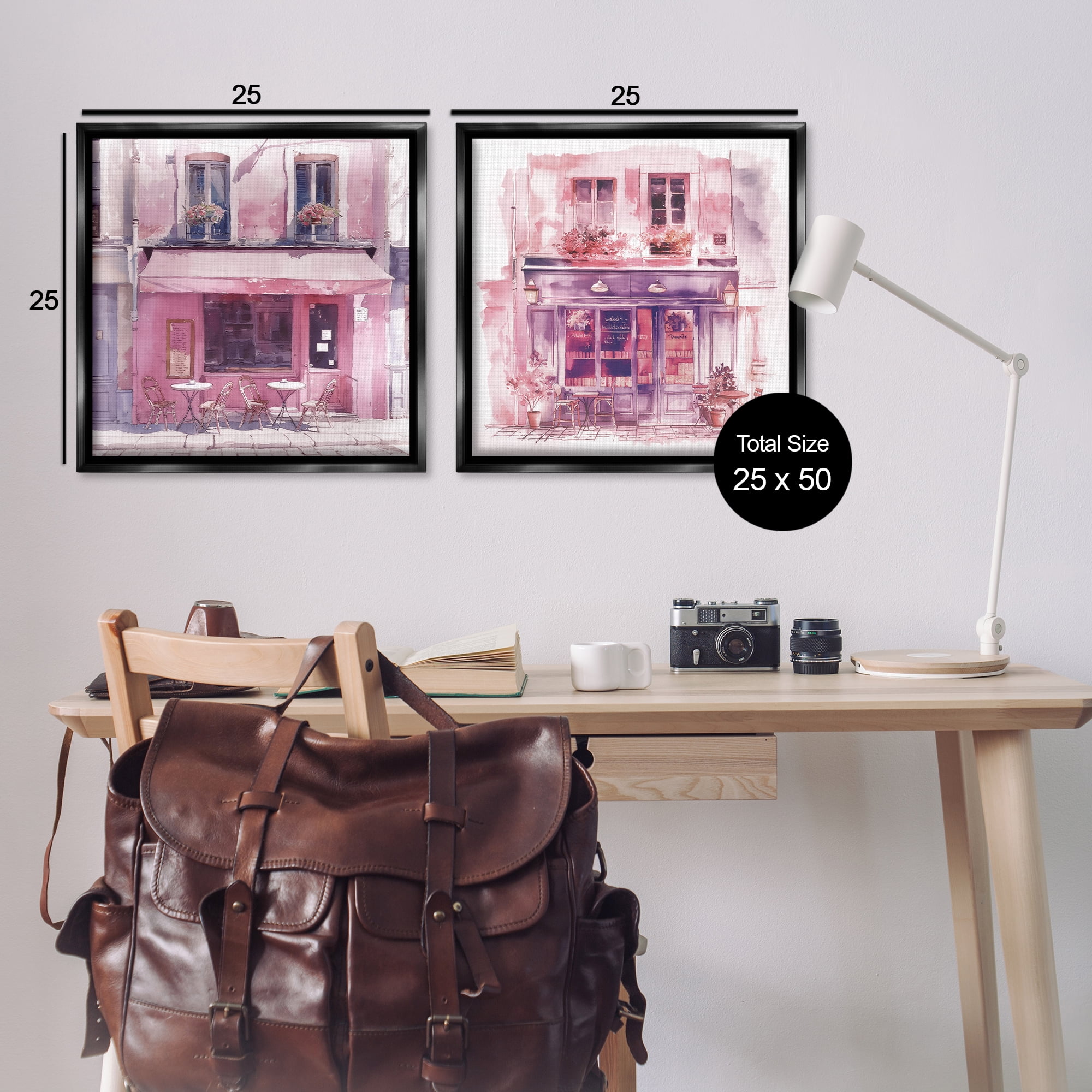 Stupell Industries Pink Outdoor Café Tables Buildings & Architecture Painting Black Floater Framed Canvas Art Print Wall Art, 25 x 25, Set of 2