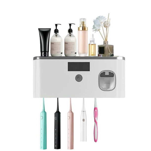 Portacepillos de Dientes con Esterilizador Luz , Soporte para Cepillos Dientes, Dispensador Automático de Pasta de Dientes y Carga Dual Solar Esterilización Temporización Sin Perforación