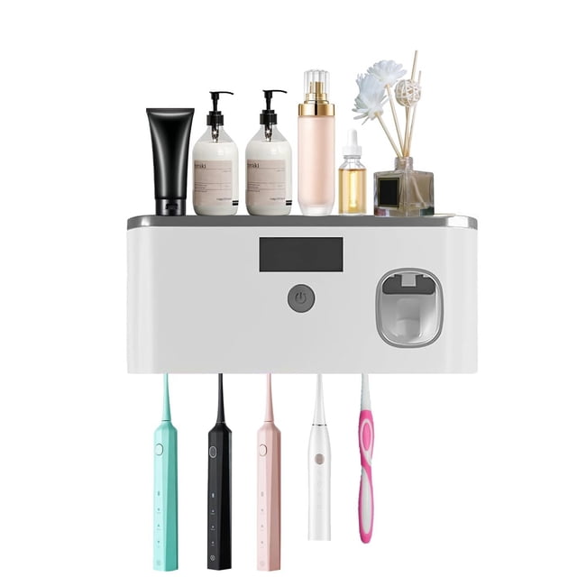 Portacepillos de Dientes con Esterilizador Luz , Soporte para Cepillos Dientes, Dispensador Automático de Pasta de Dientes y Carga Dual Solar Esterilización Temporización Sin Perforación