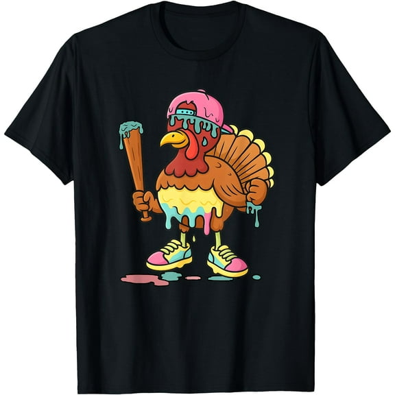 Baseball Turkey Thanksgiving Ice Cream Drip Boys Men Kids T-Shirt