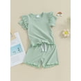 thumbnail image 4 of Baby Girls 2 Piece Outfit Solid Color Ribbed Ruffle Short Sleeve T-Shirt and Elastic Shorts Set Summer Clothes, 4 of 10