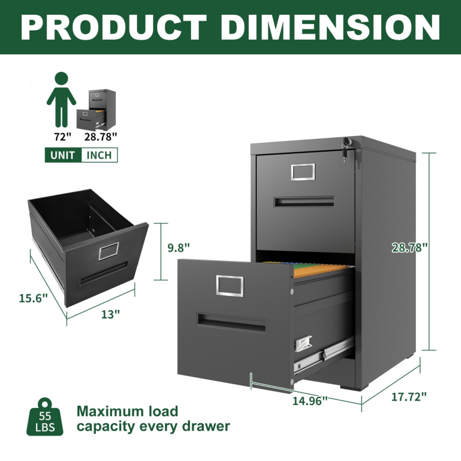 2 Drawer Lateral File Cabinet with Lock, Metal Lateral Filing Cabinet for Home Office, Steel Wide Horizontal Filing Cabinets for Letter/Legal/A4/F4 Hanging Files (Black)