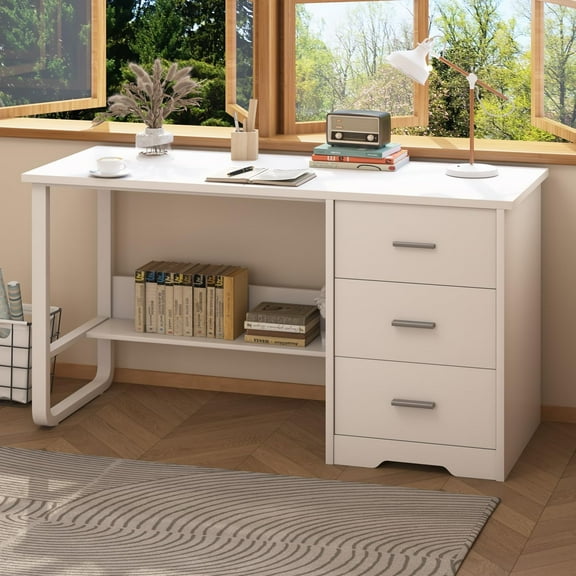 DreamCurship White Desk with Drawers, White Computer Desk with Shelves, Home Office Desk for Small Space, White