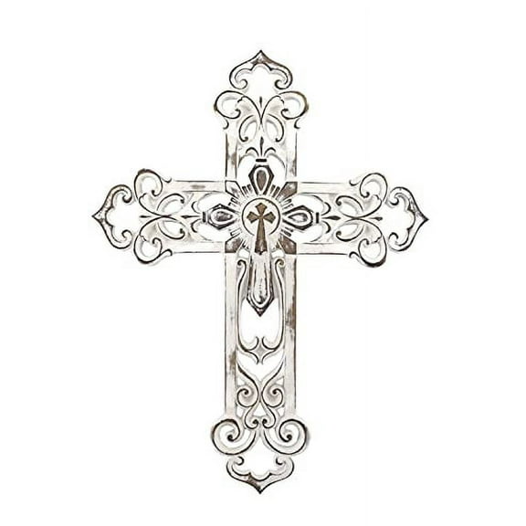 Comfy Hour Faith and Hope Collection Classic Silver Hollow Out Wall Cross, White, Antique Style