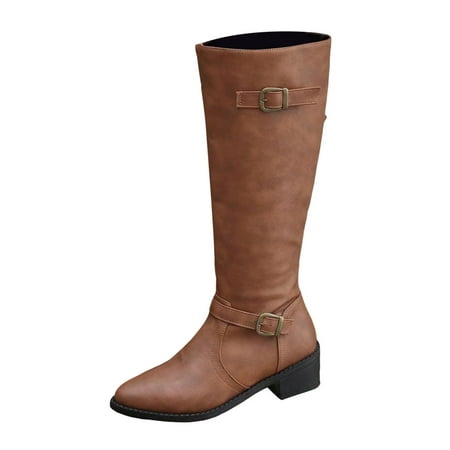 

DVKOVI Country Western Outfits for Women Tall Cowboy Boots Women Ladies British Style Leather Belt Buckle Decorative Side Zipper Dashion Long Tube Knee Boots Brown 42