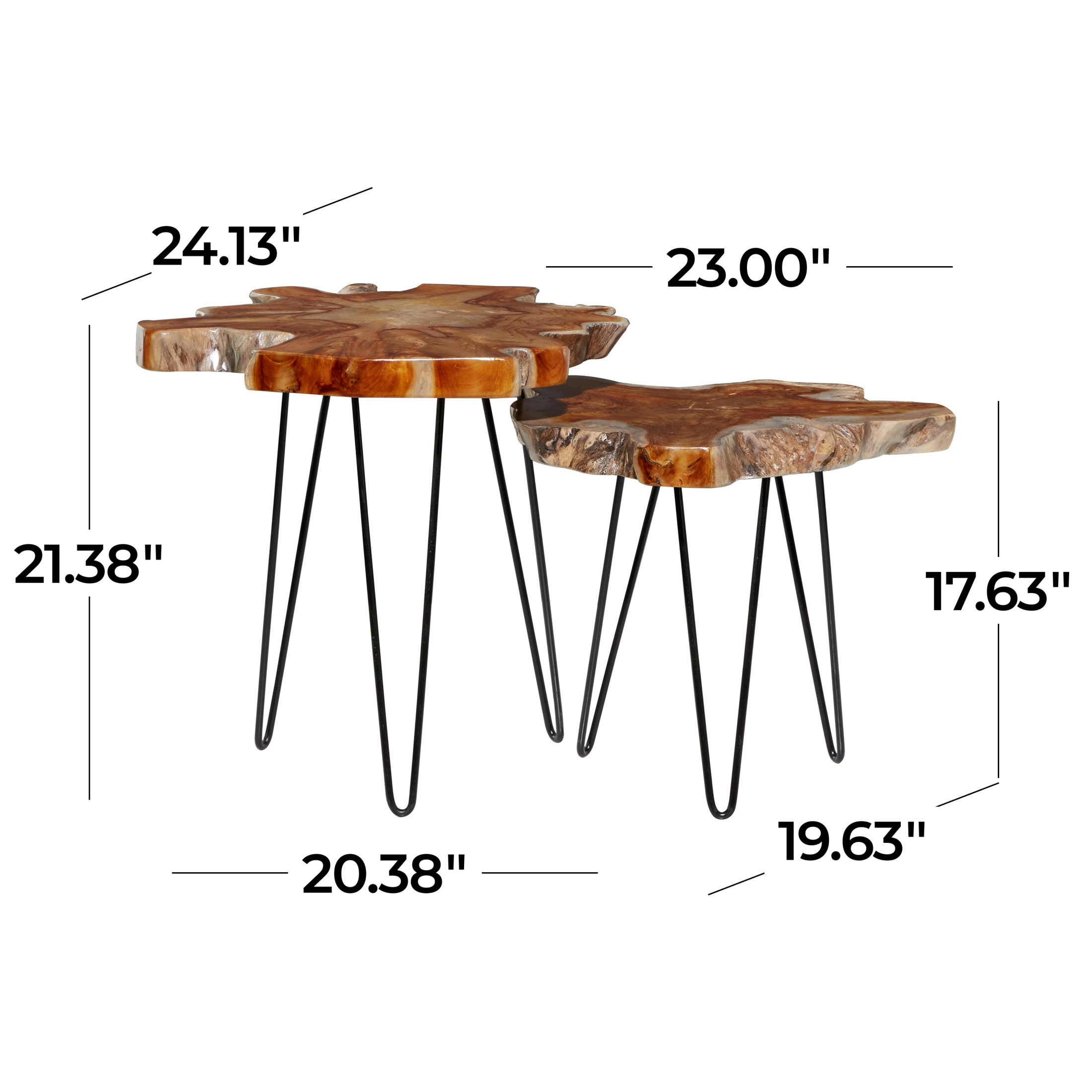 DecMode 20" x 21" Brown Teak Wood Live Edge Top Accent Table with Black Metal Hairpin Legs, 2-Pieces