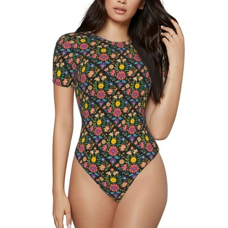 Jgfou Mexican Folk Art Floral Pattern Women s Short-Sleeved Onesie Round Neck Pajamas Stretchy Bodysuit with Snap Closure-X-Large
