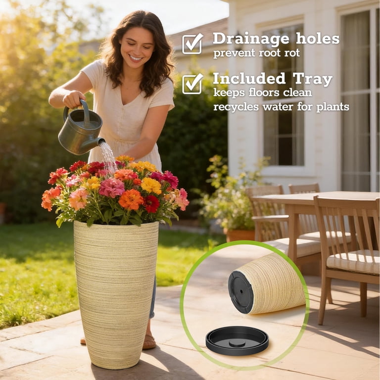 2-Pack 21-Inch Tall Ribbed Plant Pots with Drainage photo 8